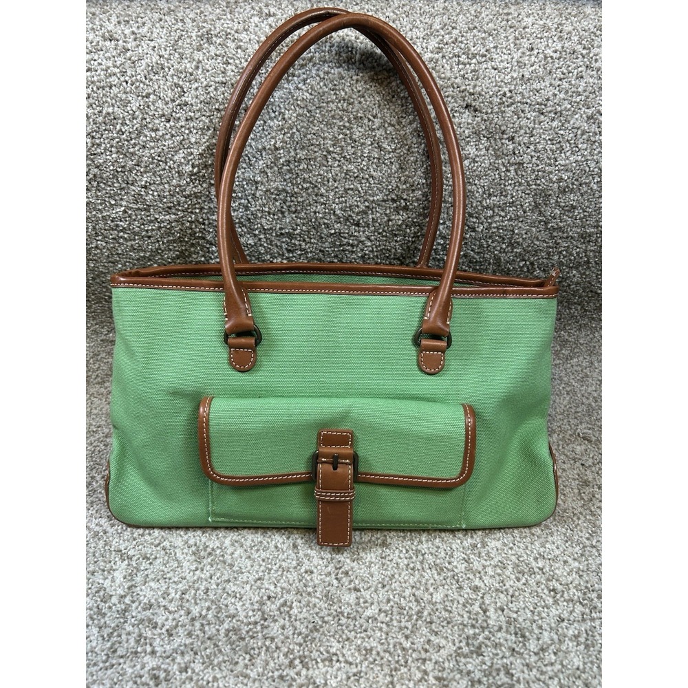 Eddie Bauer Green Canvas Satchel with Leather Accents & Leather Shoulder Handles